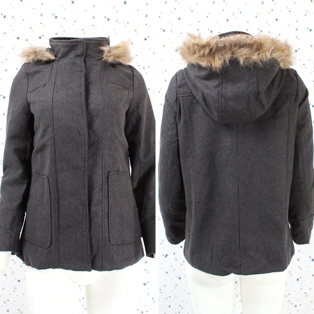 Gray Faux Fur Hooded Wool Blend Coat Jacket